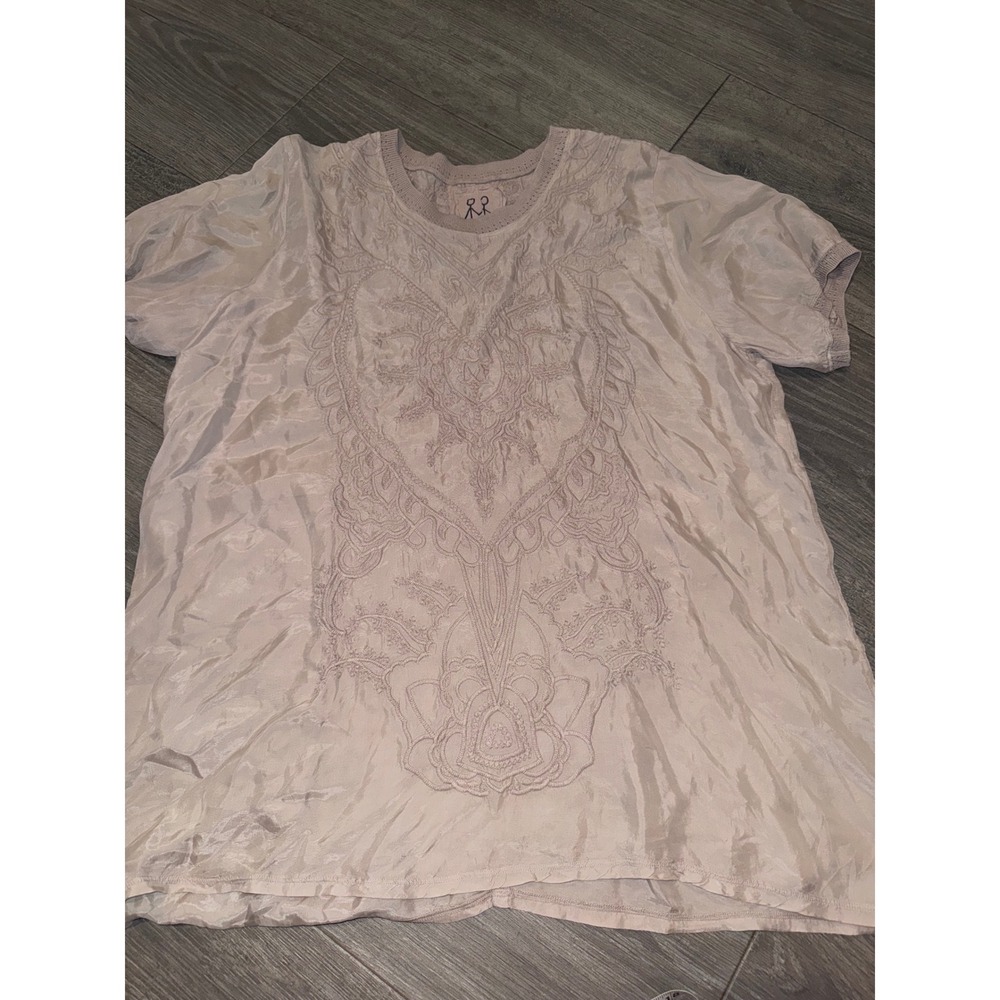 Johnny Was Champagne Beige Embroidered Cupra Short Sleeve Blouse P61292 XL